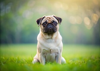 Fototapeta premium Minimalist Pug on Green Grass: Cute Dog Stock Photo