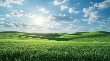 Obraz premium Vast green hills under a bright sky, perfect for serene landscape designs, ideal for spring or summer themes, nature-related projects, and wellness promotions.