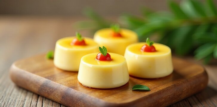 Miniature models of Thai coconut custard sweets on wooden board, models, Thai cuisine