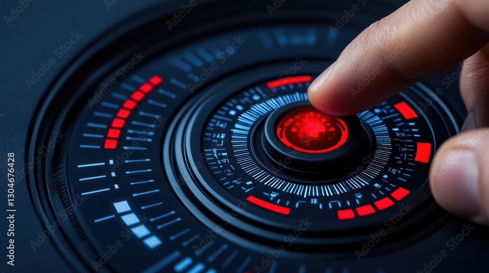 Poster close-up of a finger pressing a modern interactive red button on a high-tech control panel