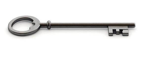 Steel grey industrial key with clean lines, isolated against white