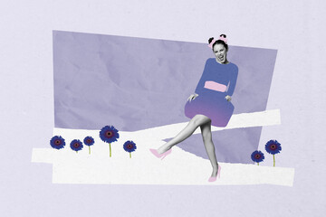 Poster trend sketch template 3D photo collage of woman day flower bouquet bloom season young lady...