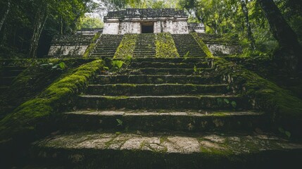 Moss Covered Mayan Temple Steps Jungle Ruins