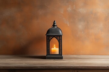 Dark lantern with candle on wooden table against orange wall