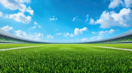 Lush Green Grass Field in Multi-Purpose Stadium Under Bright Blue Sky with Fluffy Clouds