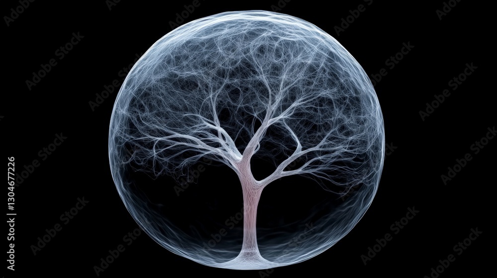Poster ethereal tree design inside a glowing circular shape concept