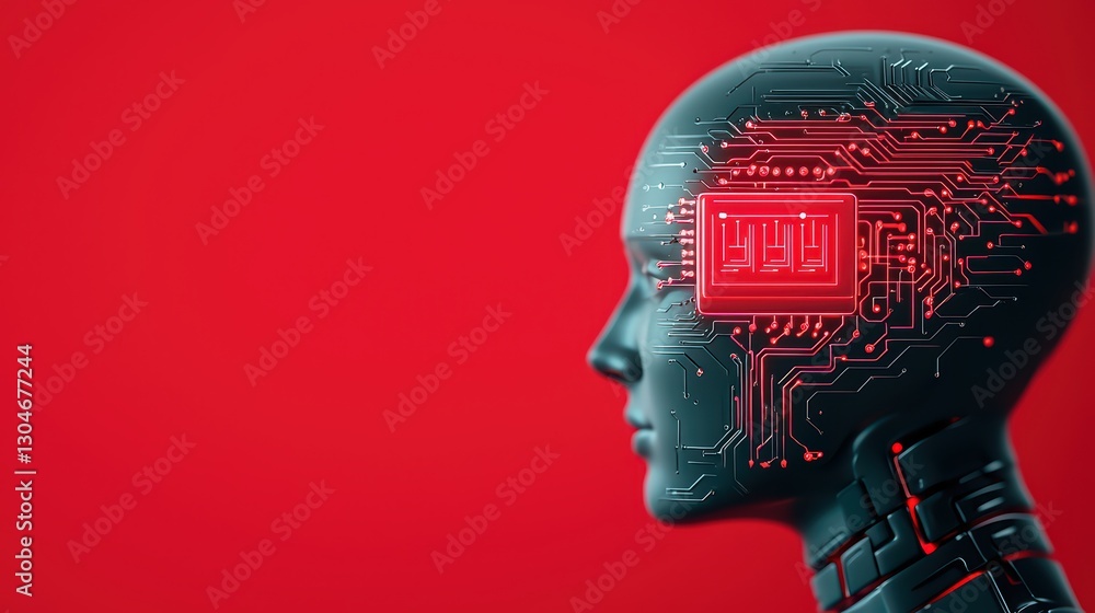 Poster dramatic artificial intelligence concept in cybersecurity with bold red background