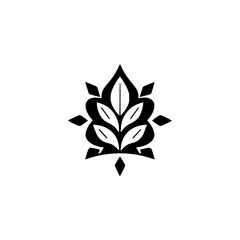 Monochrome black and white symmetrical floral design centered, decorative leaf-like pattern on white background.