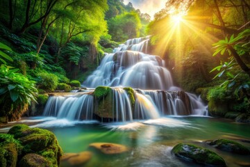 Obraz premium Milky Waterfall Bokeh, Dreamy Cascade, Waterfalls Photography, Nature Photography, Lush Greenery, Soft Focus, Blurred Background