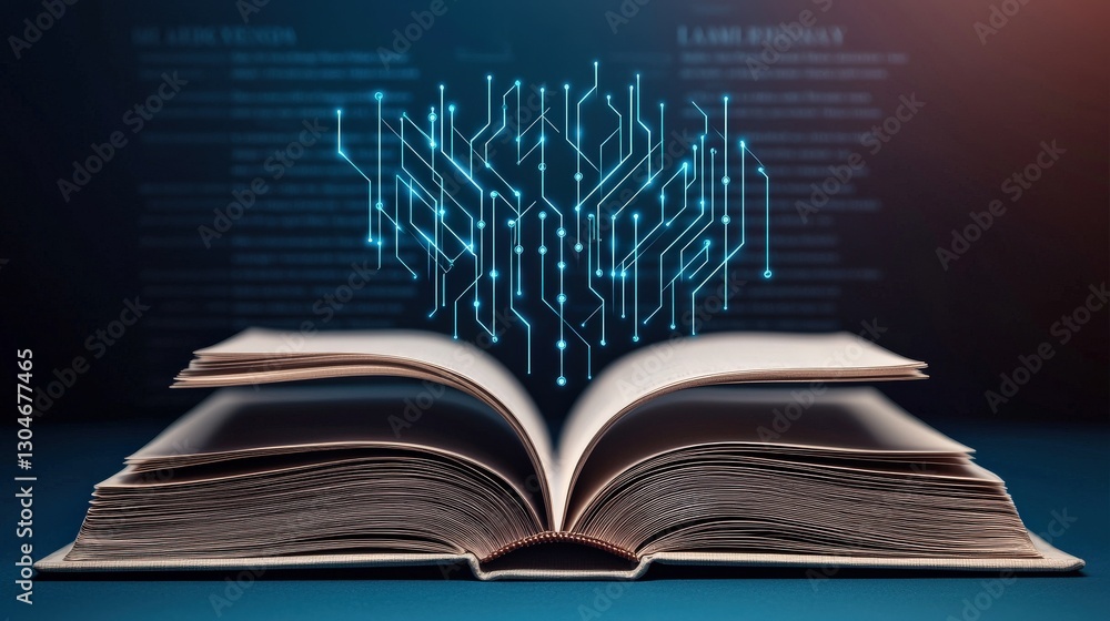 Poster law restriction policy concept. open book with digital circuit design above, symbolizing technology 