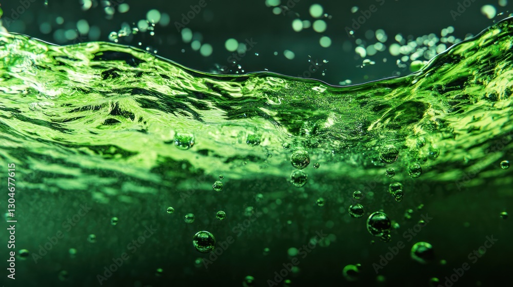 Poster a vibrant close up view of green liquid with bubbles creating a sense of dynamic movement and textur