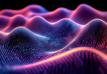 A pink and purple gradient background with glowing dots, featuring undulating wavy lines in the middle of it. The entire scene is filled with light particles that create an ethereal atmosphere.