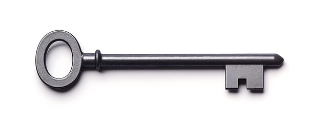 Steel grey industrial key with clean lines, isolated against white