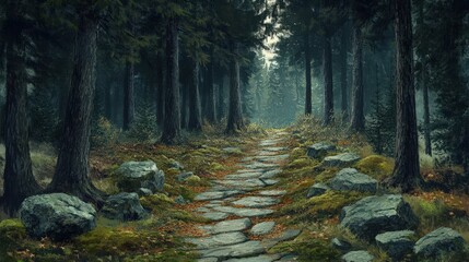 Obraz premium Stone path winding through a dark mysterious forest