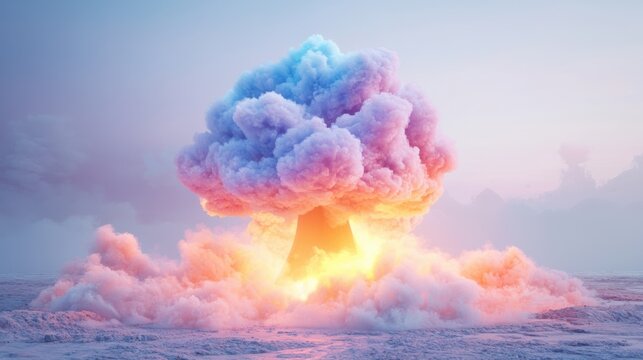 Pastel mushroom cloud explosion on slate gray horizon
