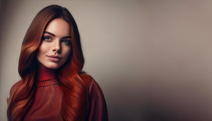 Fototapeta premium Empowering portrait of a woman with stunning red hair in a softly lit setting featuring clay undertones