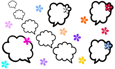 Naklejka premium Cartoon speech bubbles with colorful flowers, chat cloud decorated with flower, transparent background