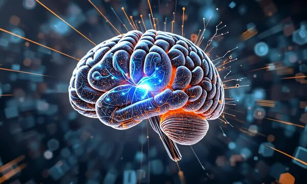 Glowing digital brain with neural connections and particles, concept of artificial intelligence and innovation