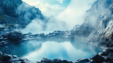 Fototapeta premium Serene Geothermal Pool Nestled Among Misty Mountains
