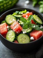 Refreshing Watermelon Cucumber Salad with Feta and Mint in Black Bowl Summer Food Photography Healthy Eating Close Up