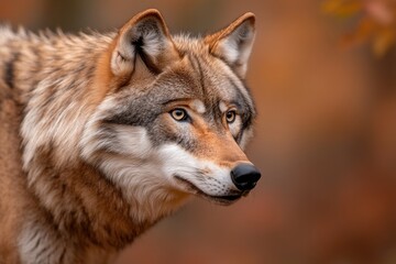 Fototapeta premium Majestic wolf gazes intently, surrounded by warm autumn hues and