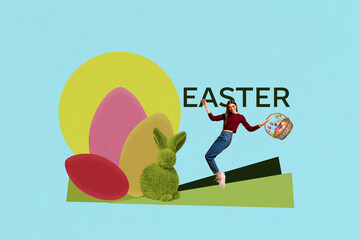 Creative photo collage young happy cheerful carefree girl balancing easter celebration eggs green rabbit animal drawing background