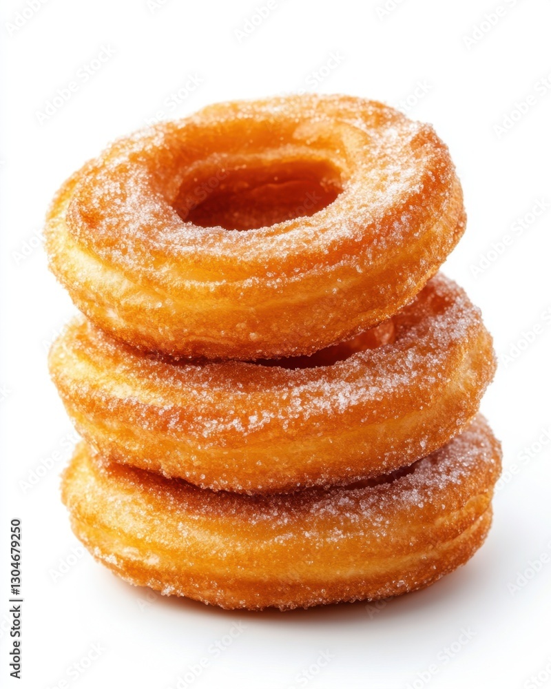 Poster Stack of Three Delicious Sugar Coated Donuts on a White Background in a Studio Setting with Soft Lighting