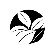 Black and white logo design of leaves inside a circle.