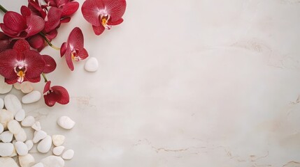 Mindfulness and meditation wellness concept: top view of spa or wellness design elements with orchid and pebbles elements on light grey background, flat lay with space for text.