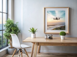 Minimalist Wooden Frame Mockup on Scandinavian Home Office Desk - Drone Photography