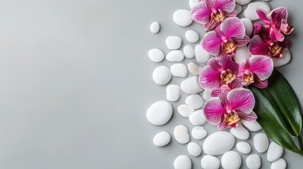 Mindfulness and meditation wellness concept: top view of spa or wellness design elements with orchid and pebbles elements on light grey background, flat lay with space for text.