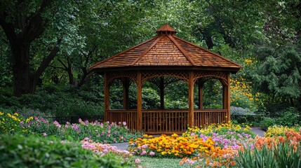 Obraz premium Captivating garden scene with colorful flowers and towering trees under brightening sky