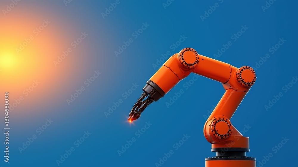 Poster dynamic robotic arm in industrial setting with bright background and starburst effect