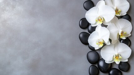 Mindfulness and meditation wellness concept: top view of spa or wellness design elements with orchid and pebbles elements on light grey background, flat lay with space for text.