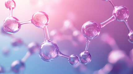 dynamic molecular structure of collagen peptides connected in vibrant pink and blue gradient background, showcasing intricate details of molecules