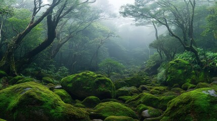 Misty forest with moss-covered rocks and lush vegetation.