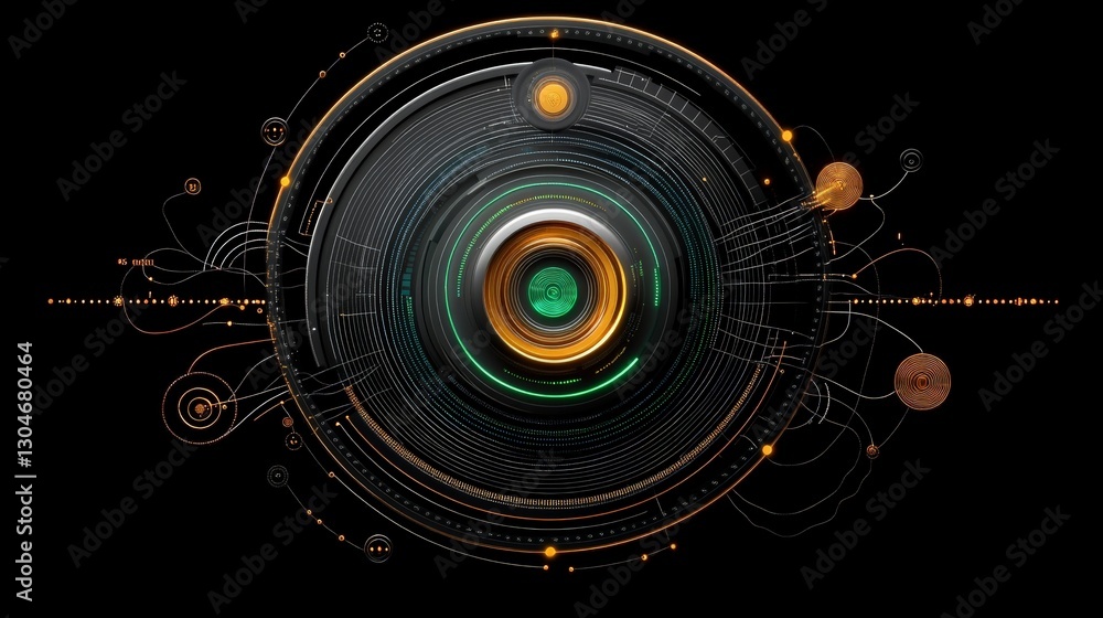 Poster futuristic camera lens with digital elements and circuit patterns
