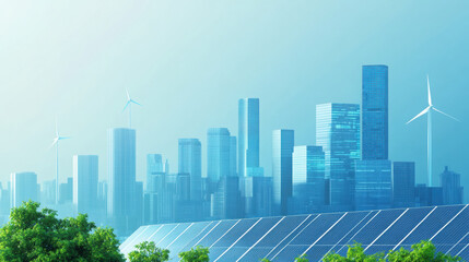 Obraz premium futuristic city skyline with renewable energy sources, featuring wind turbines and solar panels, surrounded by greenery. scene reflects commitment to sustainability and clean energy