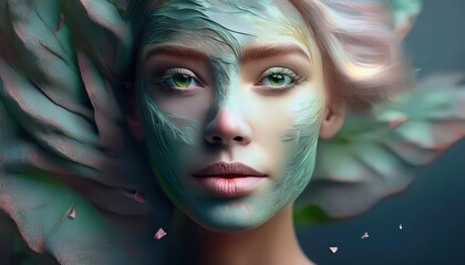 Portrait of a woman with green and grey clay undertones, showcasing natural beauty and strength in an ethereal setting with soft lighting