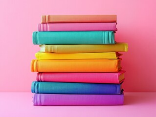 Fototapeta premium Stack of Colorful Books on Pink Background Vivid Educational Concept for Reading Knowledge and Learning in a Creative and Artistic Style