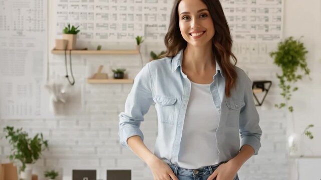 Confident Woman Smiling: A stylish and confident young woman poses in a modern, light-filled setting, with a warm smile and relaxed posture. She is the picture of effortless beauty and charm.