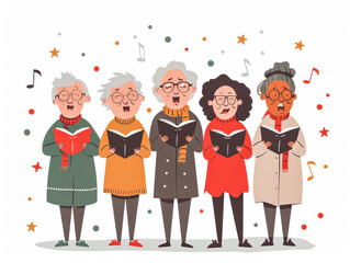 Group of elderly individuals singing senior women in choir. Lifelong love for music. Сoncept of active creative longevity, participation in social activities. Flat minimalistic illustration, sketch.