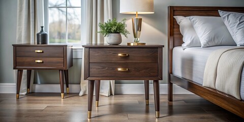 Modern Bedroom Nightstand, Dark Wood Bedside Table with Brass Hardware, Bokeh Effect