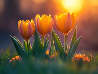 Fototapeta premium Radiant tulips bask in golden sunlight creating a serene and tranquil scene with vibrant colors and soft focus background