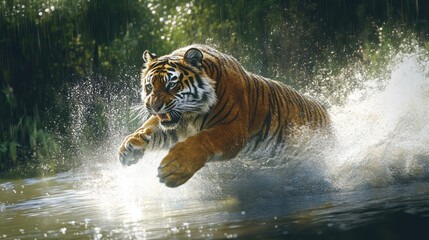 Tiger leaping water jungle wildlife nature