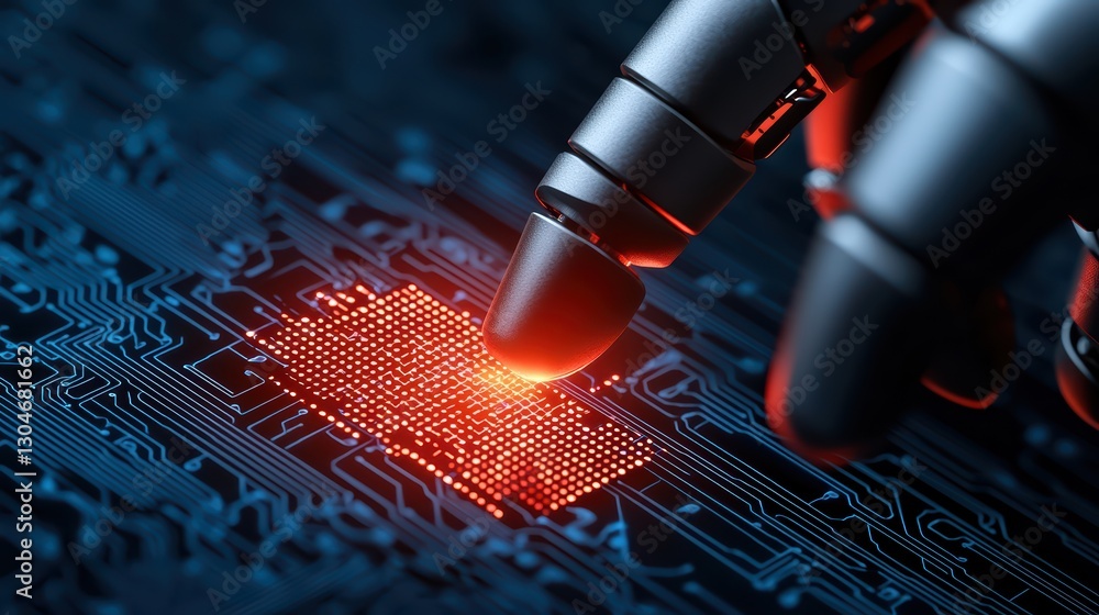 Poster macro perspective on a robotic finger interacting with a virtual reality circuit board