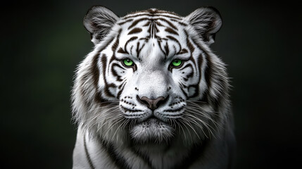 Majestic white tiger with piercing green eyes staring intensely in a dark jungle, showcasing its powerful striped fur and strong presence.

