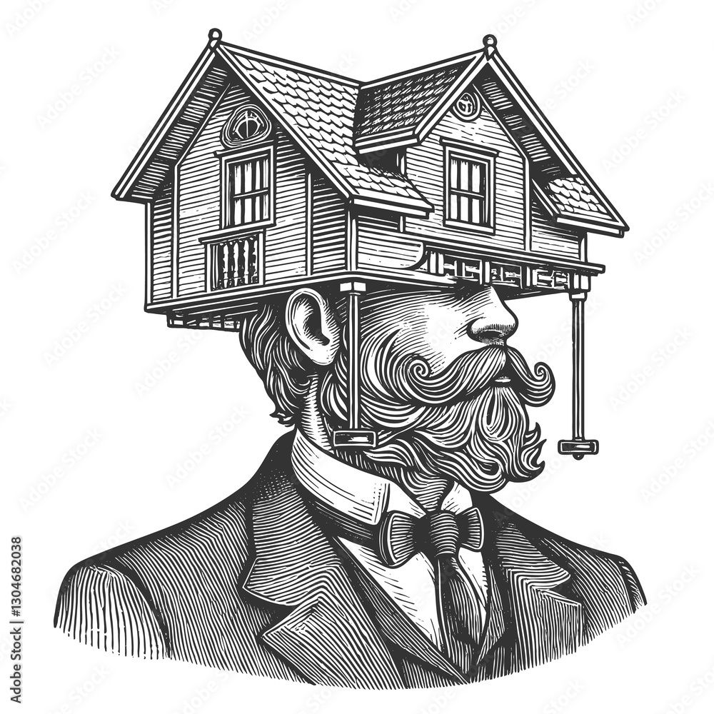 Poster thoughtful man in a suit with a house replacing the top of his head, symbolizing home and mind conne