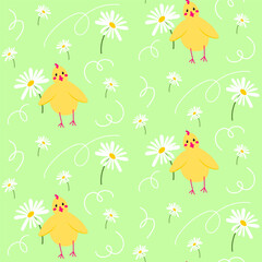 Seamless pastel spring floral vector pattern with cute yellow chicken bird. Children or Easter background with daisy flowers. 
