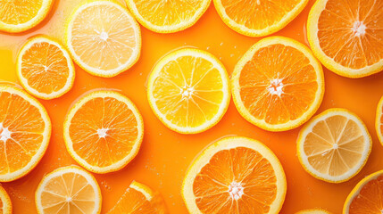Slices of fresh citrus fruits, including oranges and lemons, are arranged on vibrant orange background, creating refreshing and colorful display